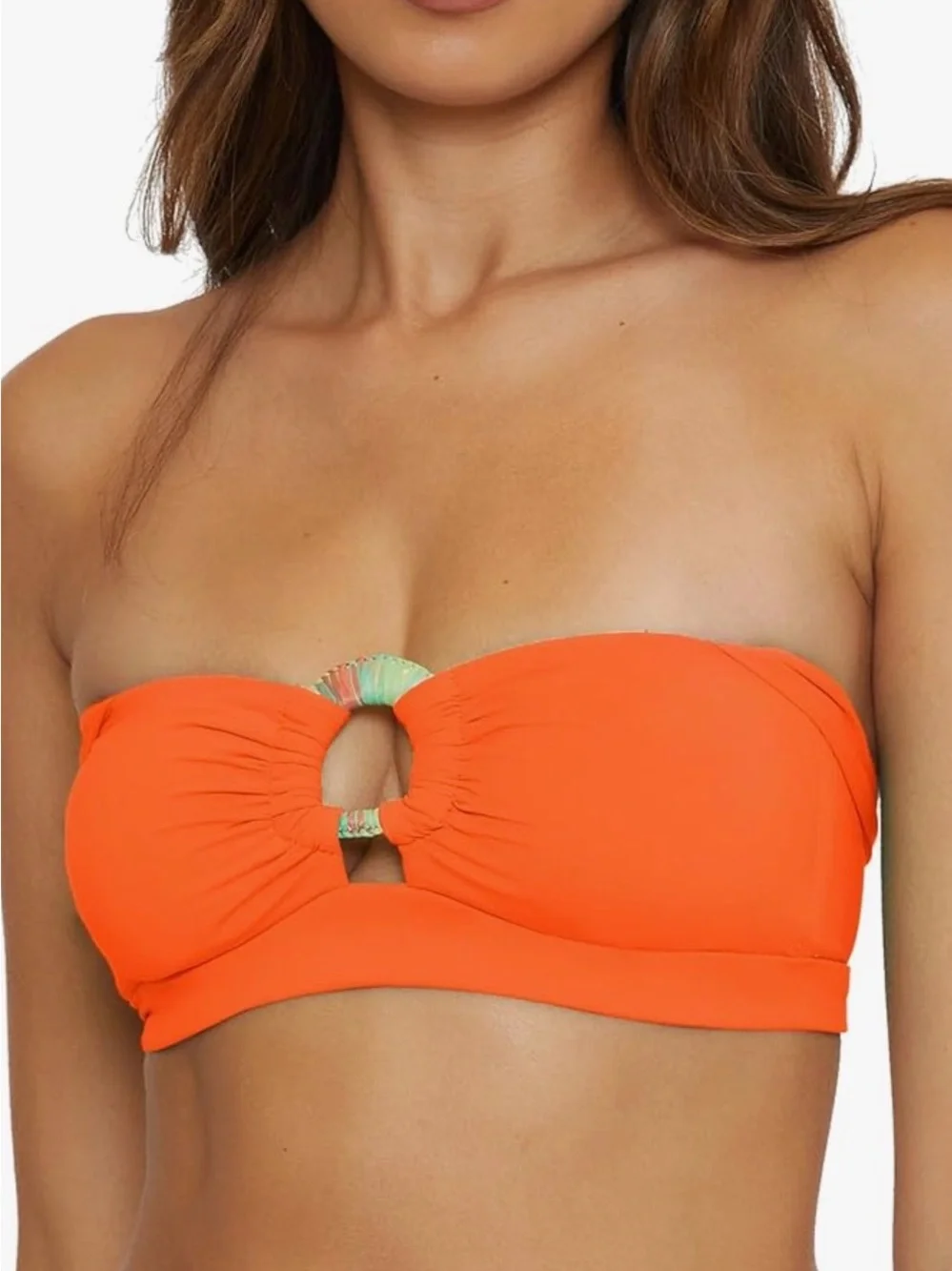 NWT BECCA Baja Mar Harmony Bandeau Bikini Top S Neon Orange Halter Swim